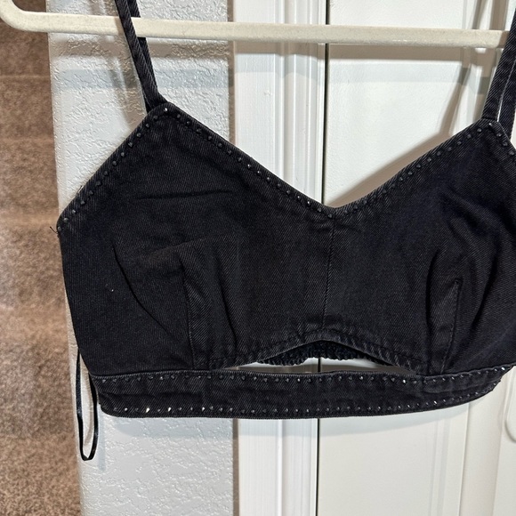 ZARA RHINESTONE DENIM CUT OUT GRAY CROP TOP - Picture 8 of 9